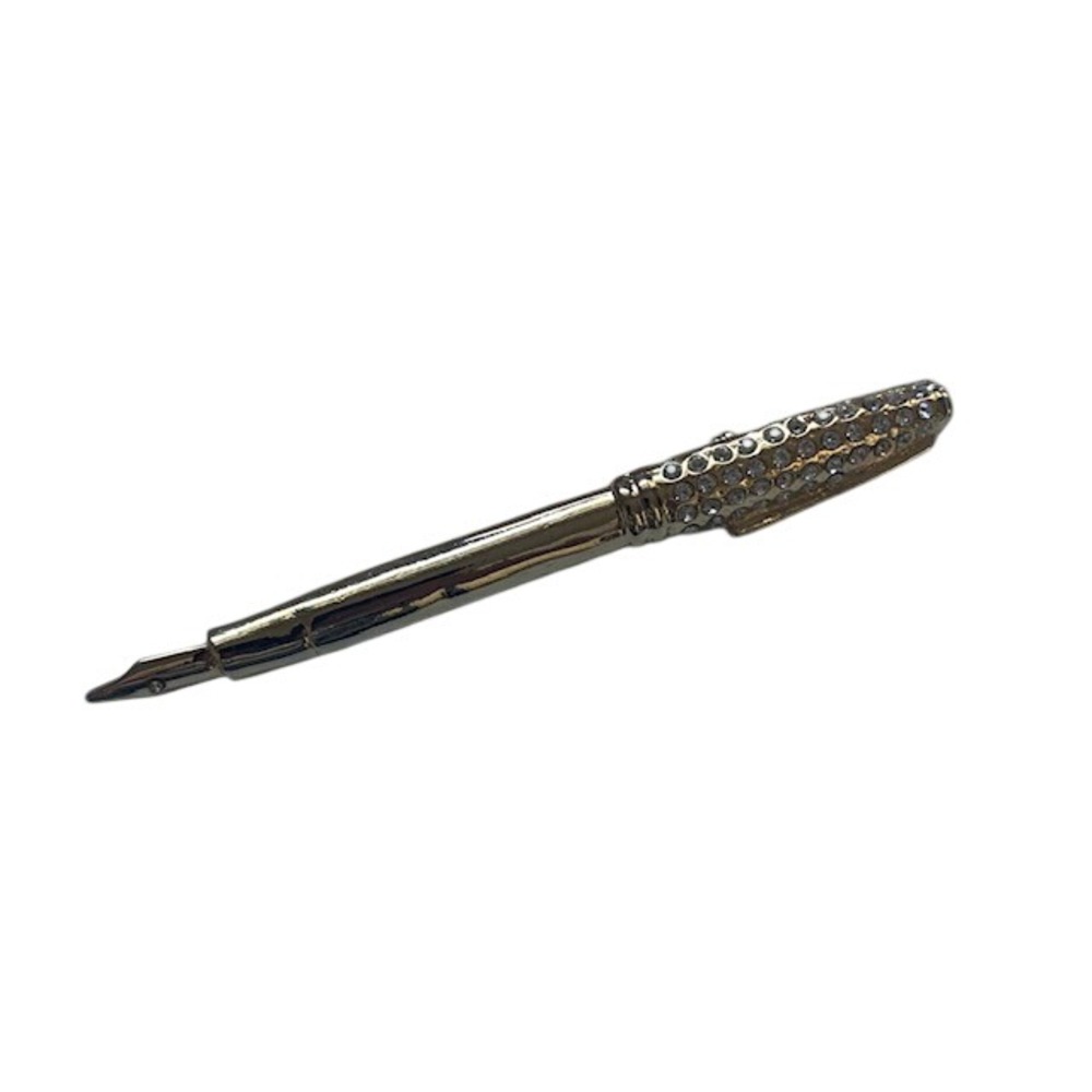 Gold Tone Fountain Pen Brooch Rhinestone Teacher Writer Lapel Pin 4.5" Boss Lady
